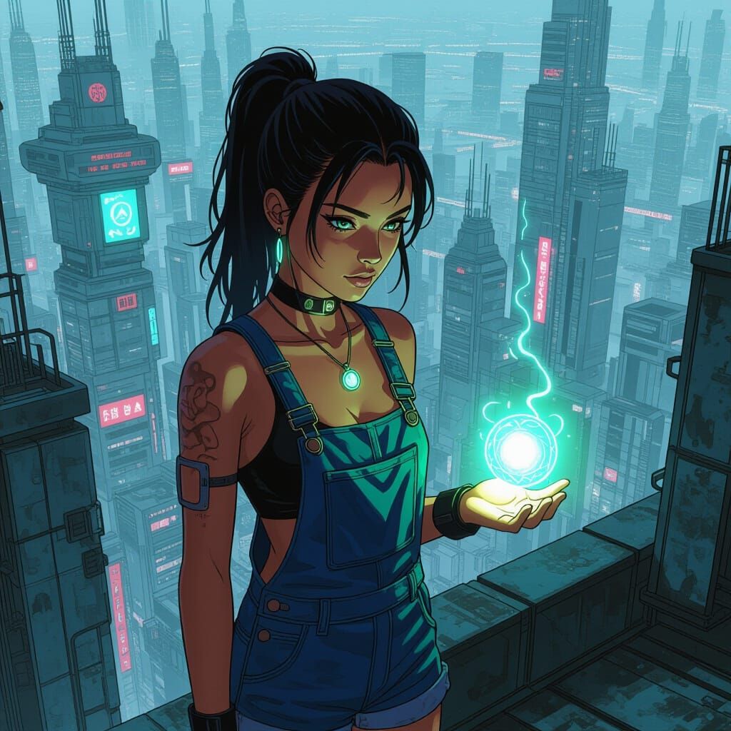 Woman in Overalls on Rooftop Overlooking Futuristic City wit...