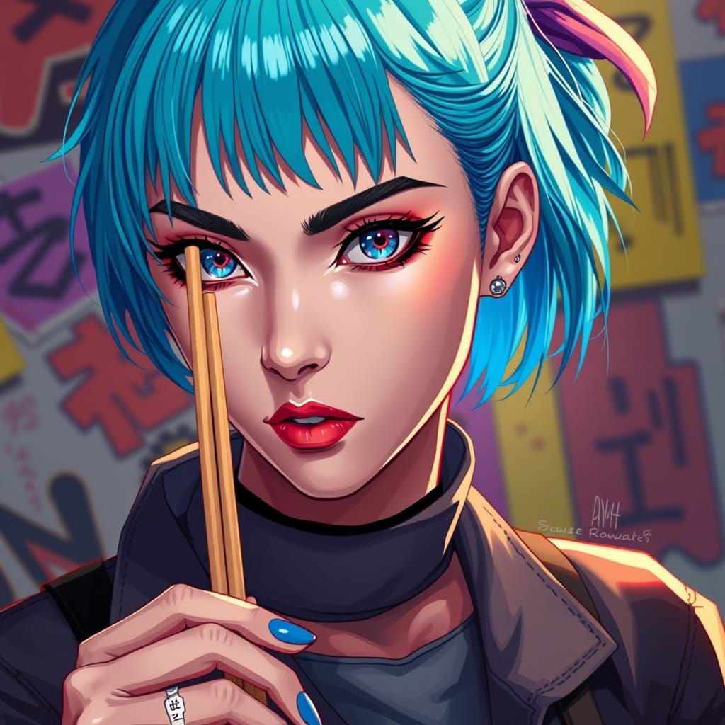 Vibrant Blue-Haired Woman Holds Chopstick in Anime Realism S...