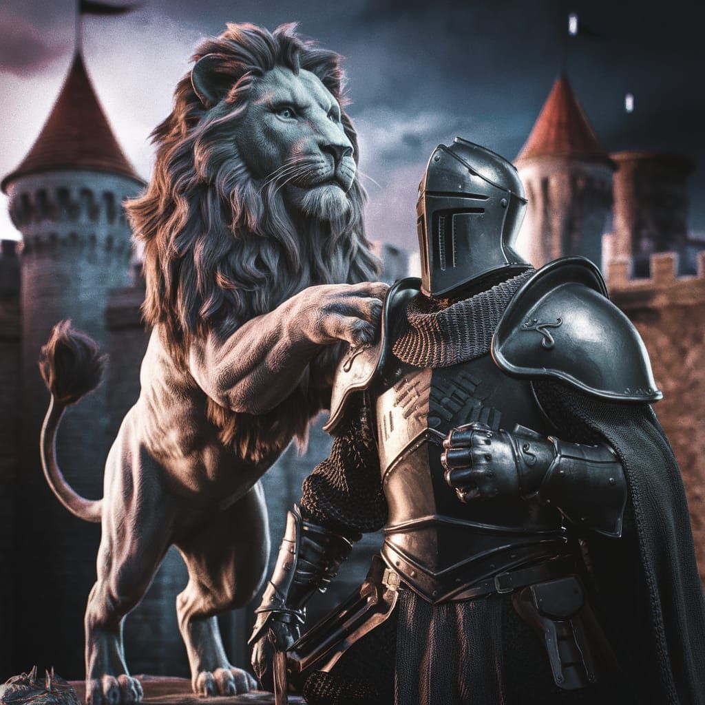 Lion and Knight in Dark Fantasy Style