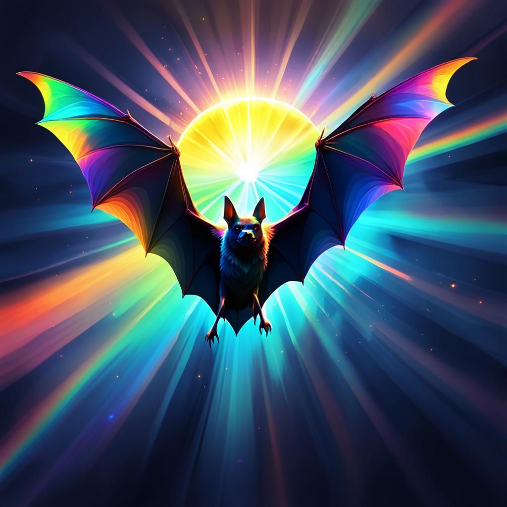 Rainbow Iridescent Bat in Flight: Low-Poly Digital Art