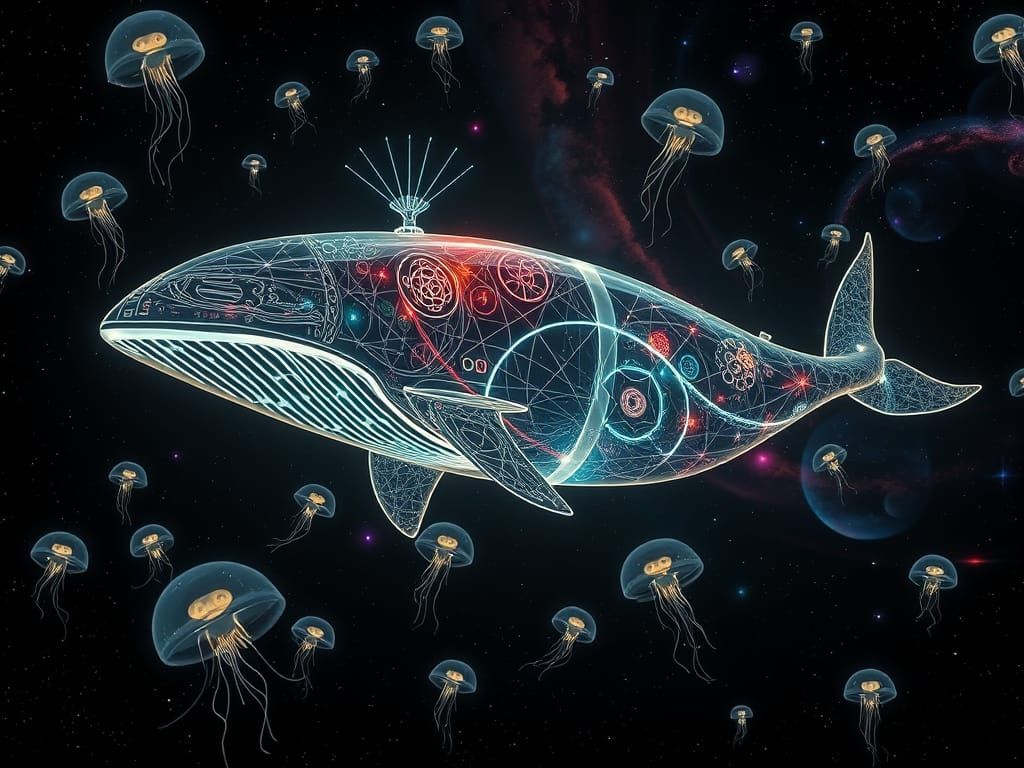 Glowing Glass Whale Spaceship in Deep Space