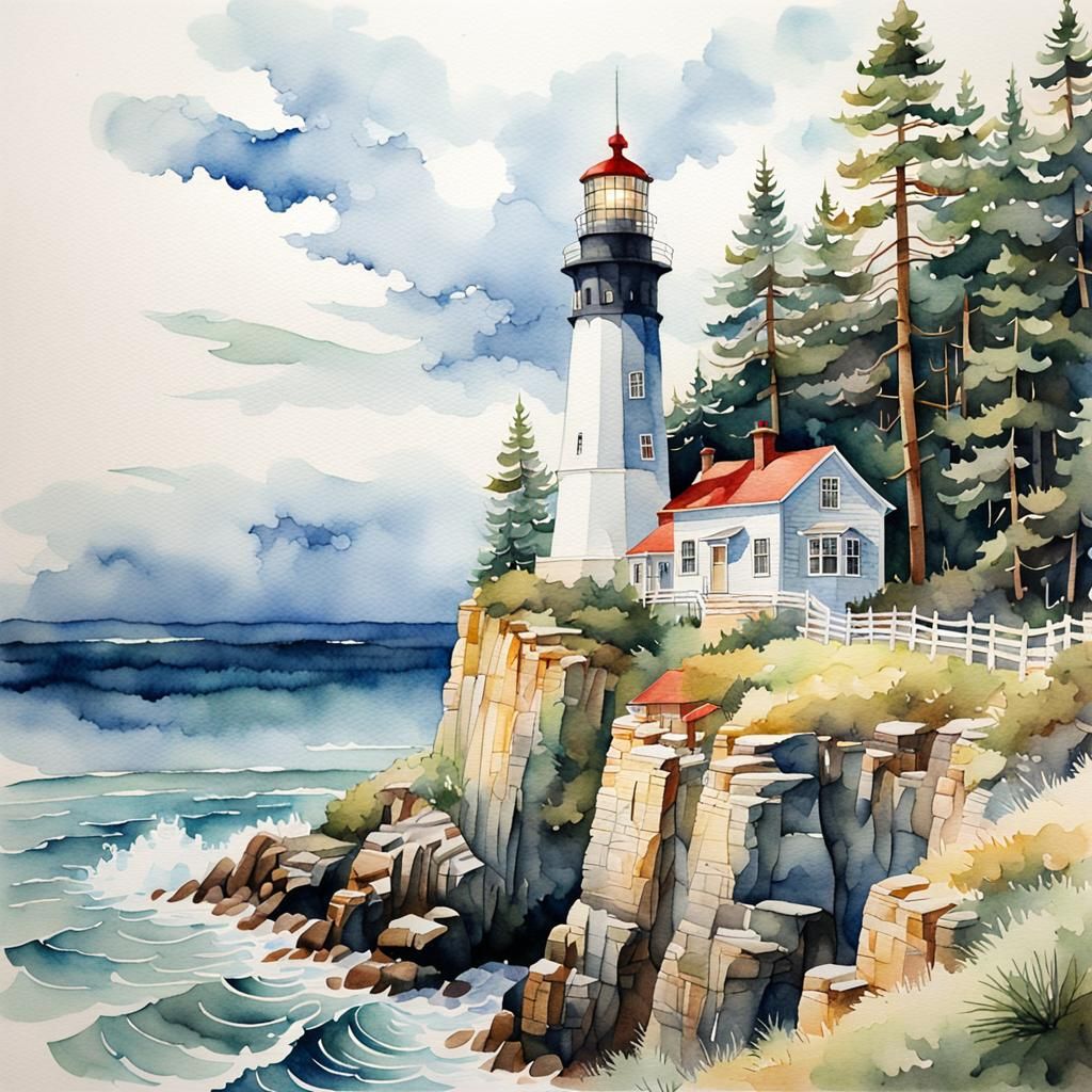 Watercolor Lighthouse on Cliff with Pine Trees