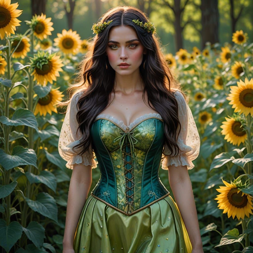 Ethereal Beauty in Sunflower Field, Pre-Raphaelite Style