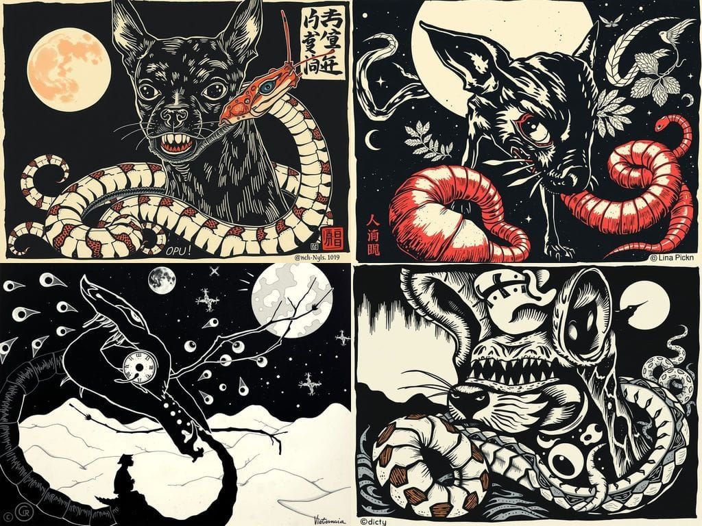 Mythical Pinscher Snake Beak with Prawn Eyeball - Lino Cut