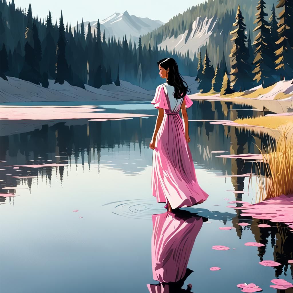 Woman in Pink Dress Walking into Lake