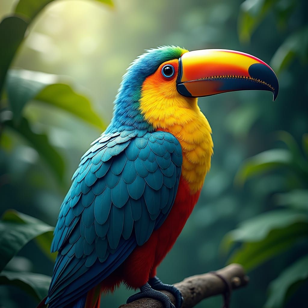 Iridescent Camouflaged Toucan in Lush Tropical Scene