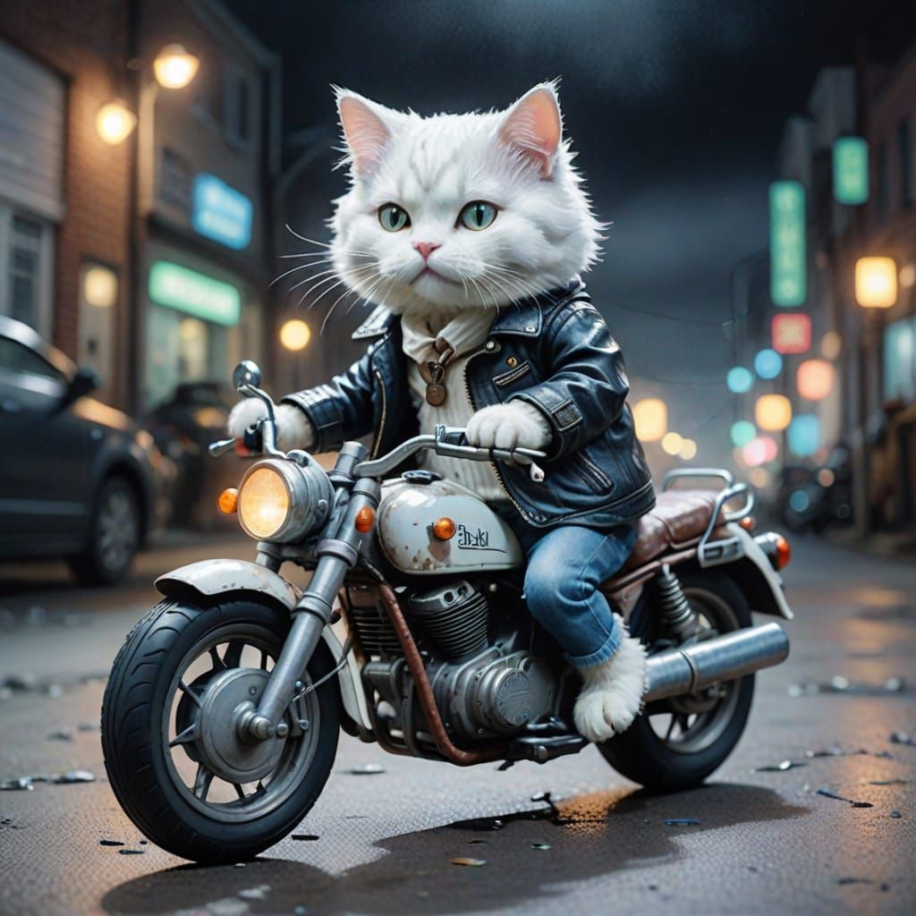 Cat Biker in Watercolor Style, Neon Highway