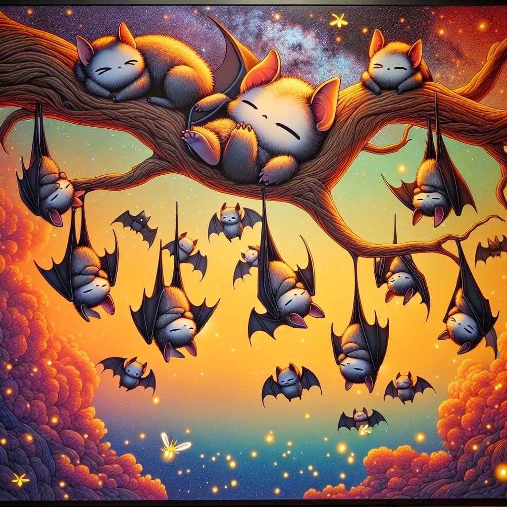 Chibi Vampire Bats Sleeping Under Galaxy Sky