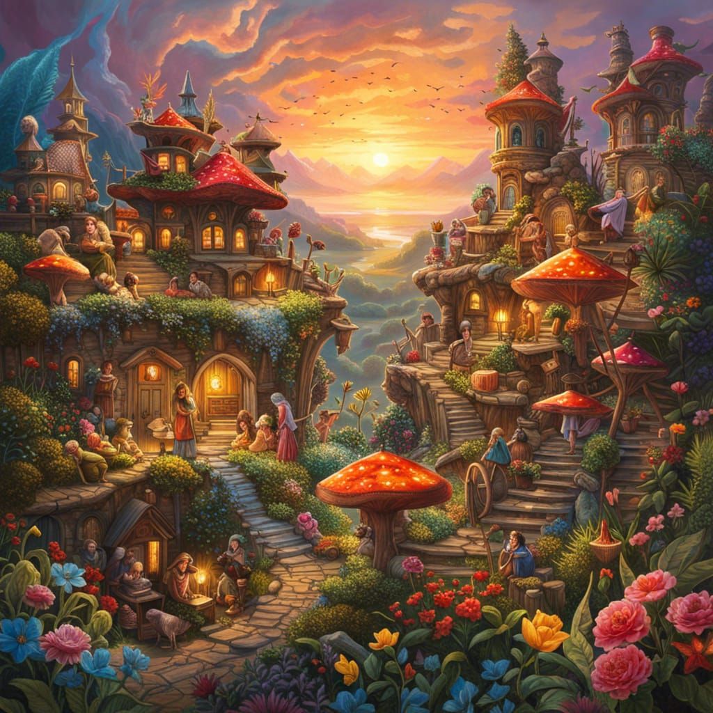 Enchanted Fairy Village at Vibrant Sunset