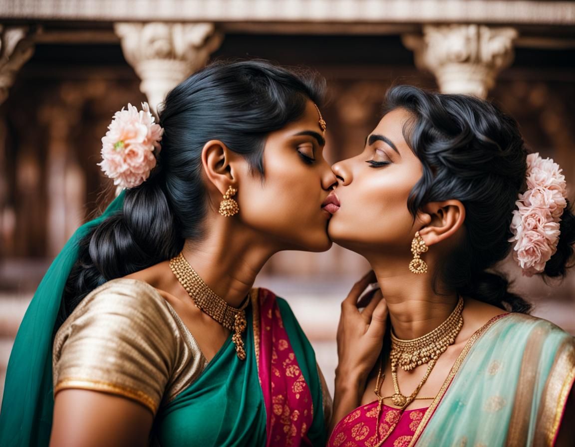 Two Indian Girls Kissing in a Temple