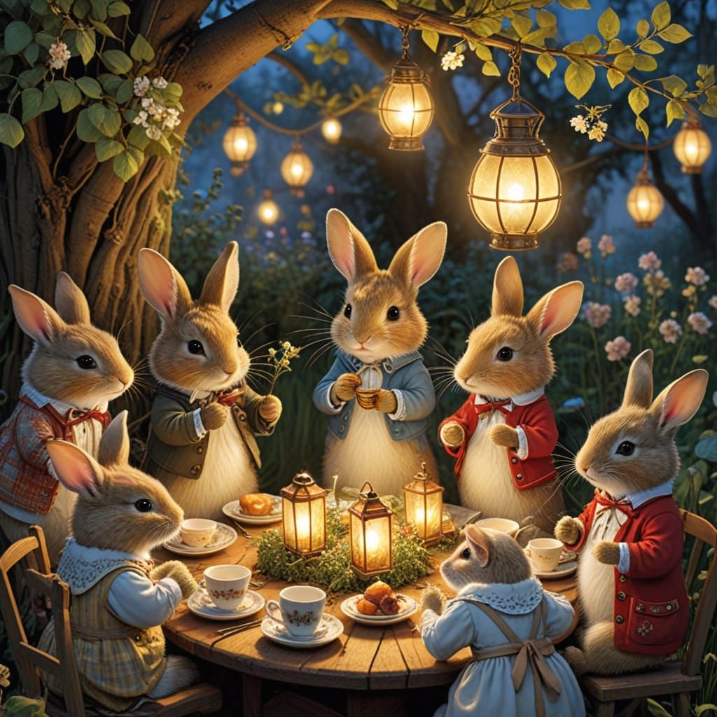 Rabbits Celebrate Enchanted Garden Party Under Twinkling Lan...