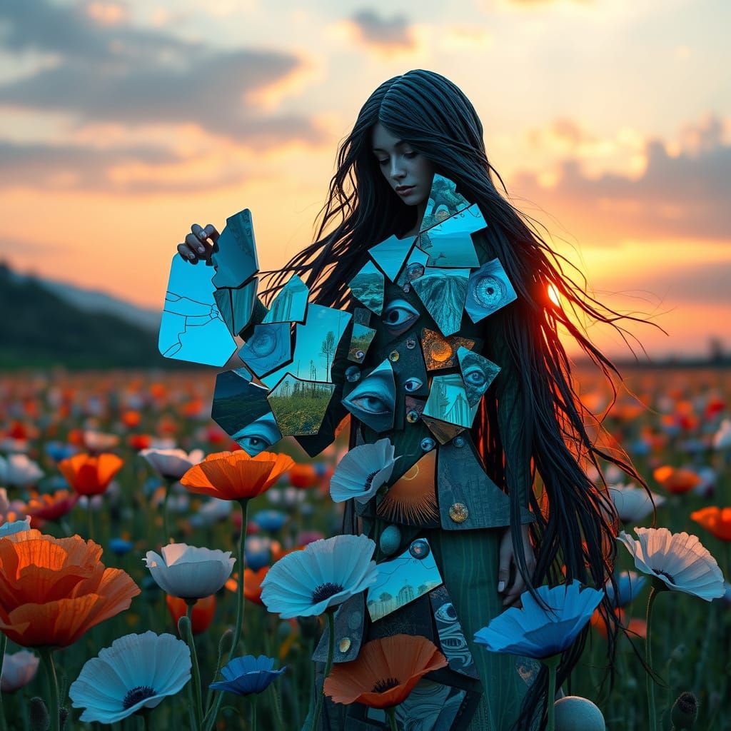 Surreal Goddess of Resilience Rises from a Sea of Blue Poppi...