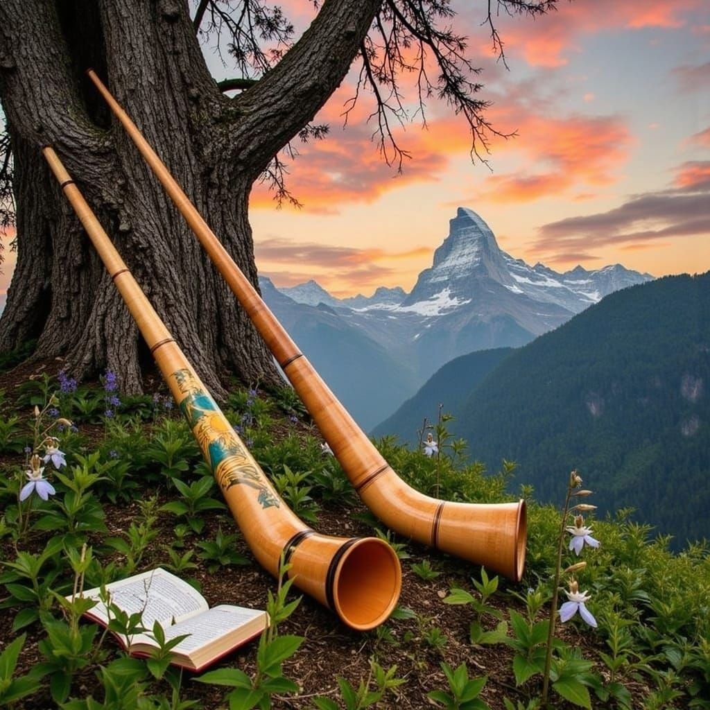 Alphorns with Wildflowers in Swiss Alps Landscape