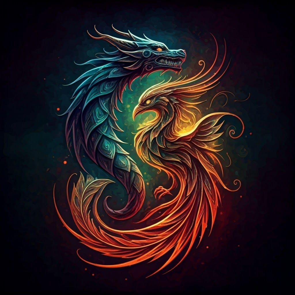 Tribal Dragon and Phoenix Tattoo Design