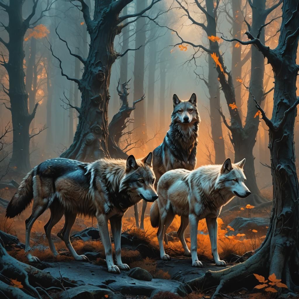 Wolves in Dark Fantasy Forest: Matte Painting
