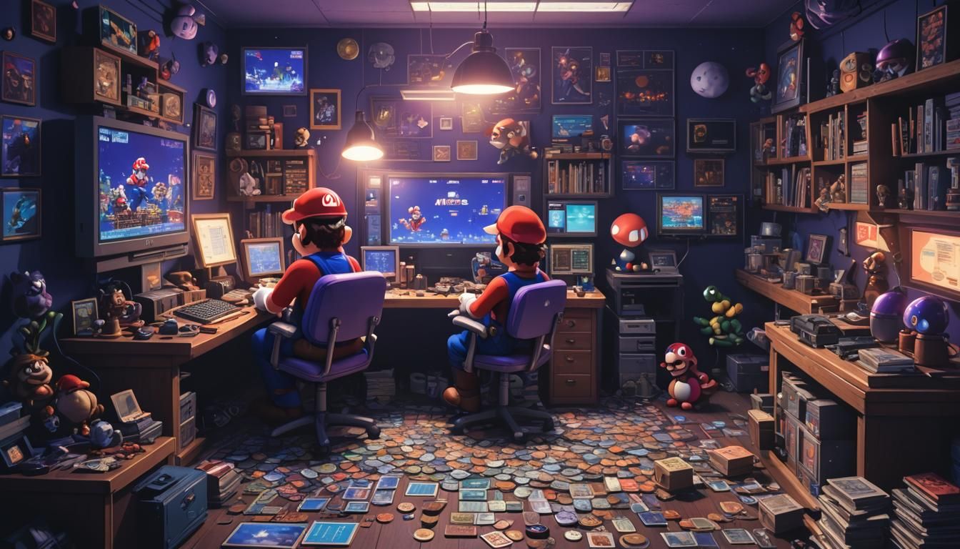 Mario's Retro Gaming Room in Pixel Art Style