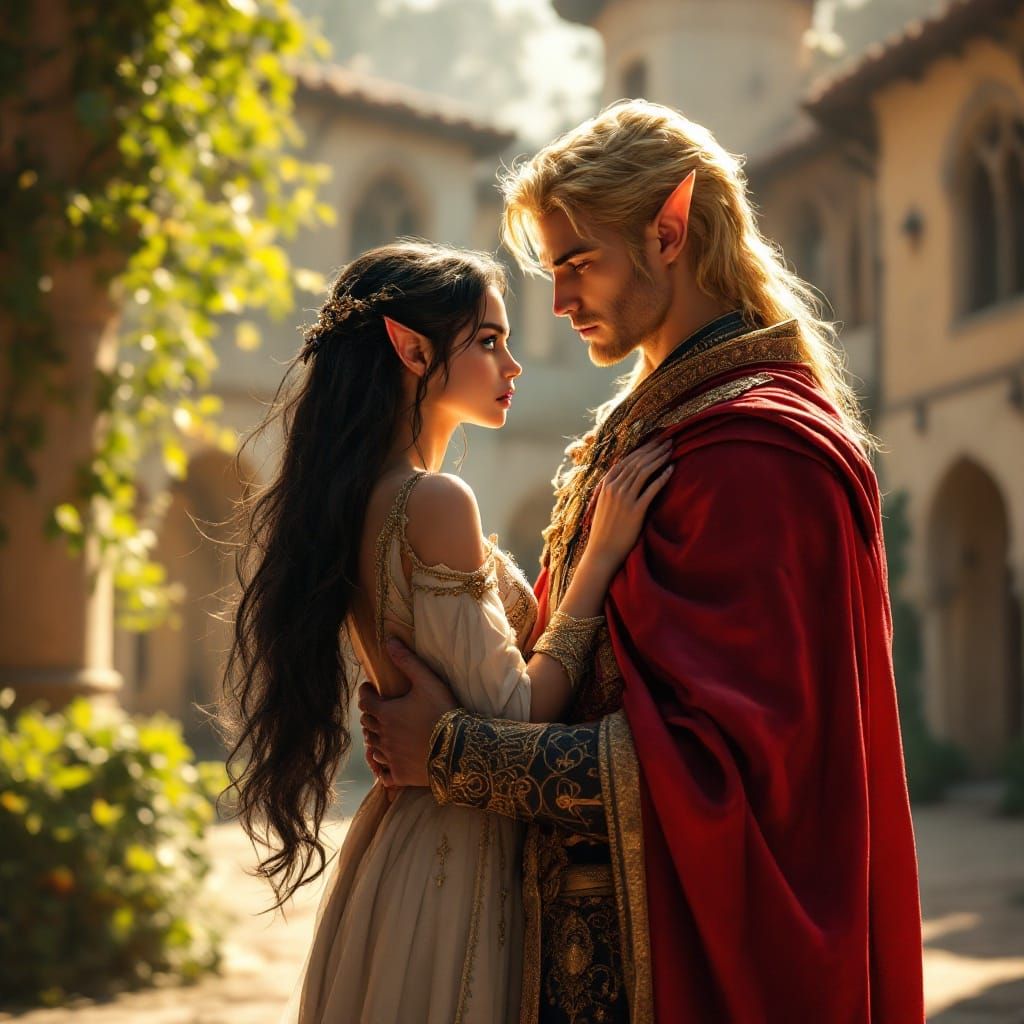 Elegant Elf Noble in Fantasy Courtyard