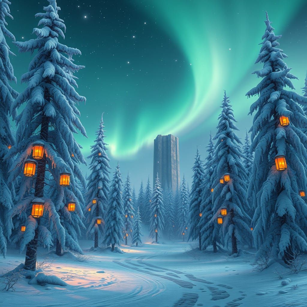 Enchanted Winter Solstice Scene in Whimsical Forest Style