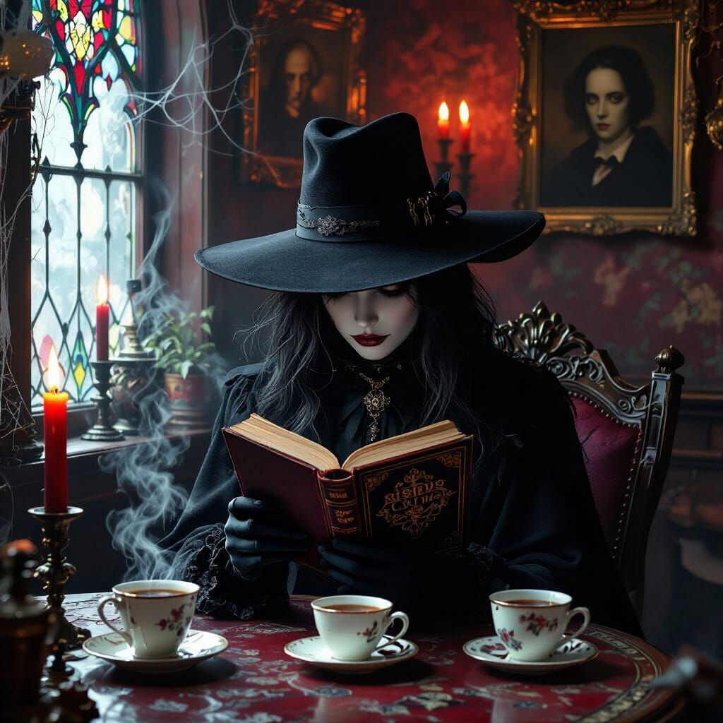 Melancholic Goth in Dim Cafe, Dark Romanticism Style