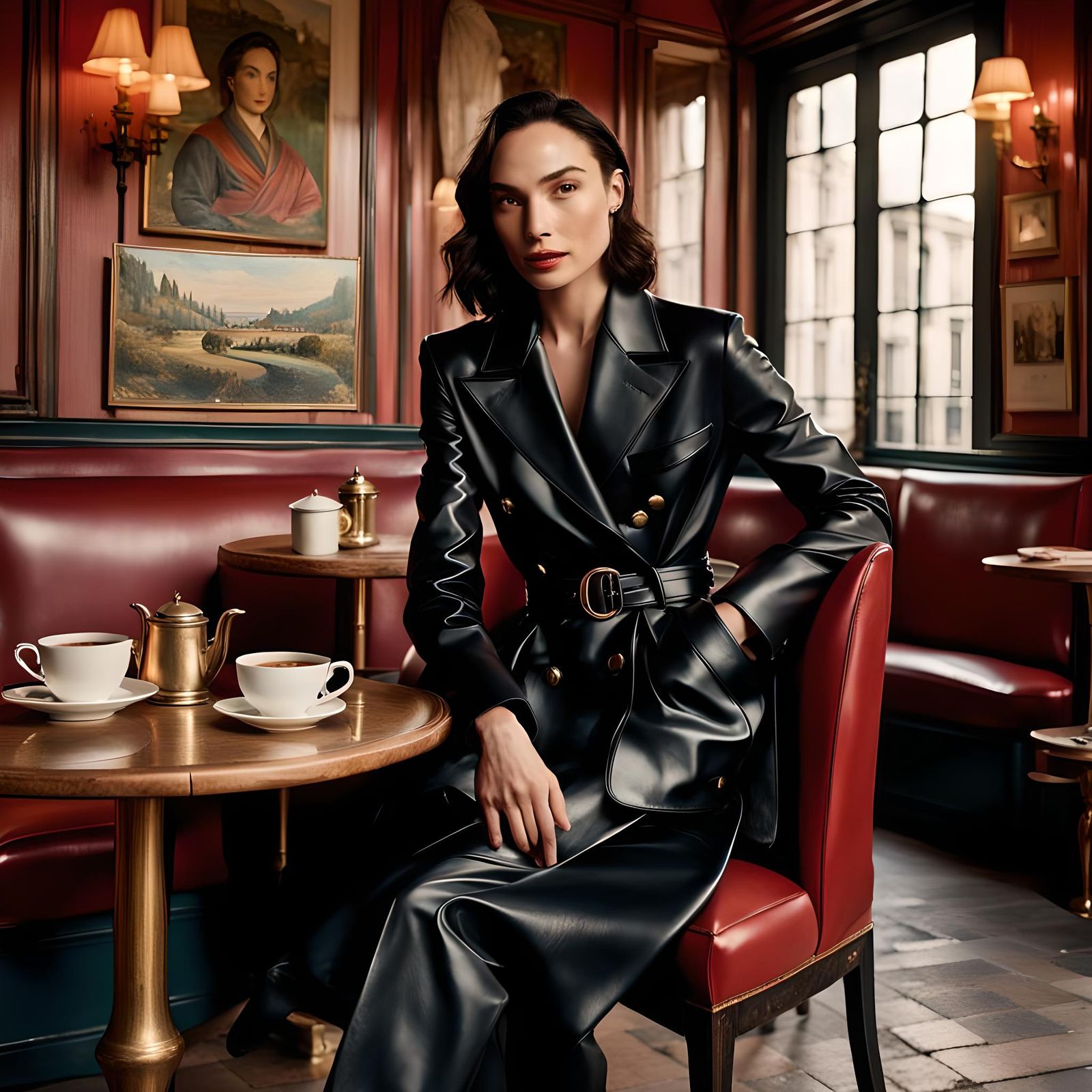Gal Gadot in Red Suit at French Bistro