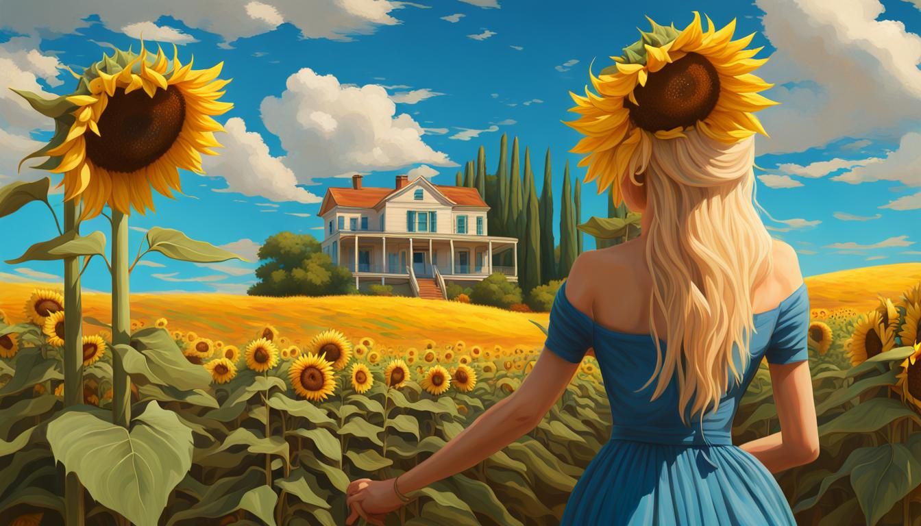 Woman in Hyperrealistic Sunflower Field Landscape