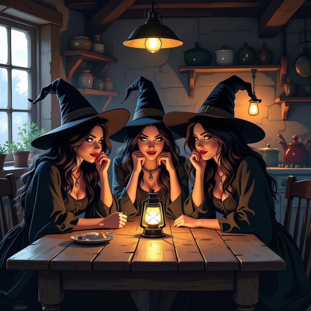 Mischievous Witches Huddled in Cozy Kitchen