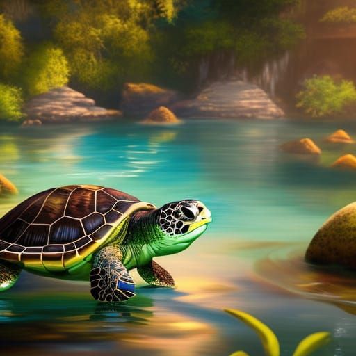 Turtle Swimming Pool: Hyperrealistic Splash Art