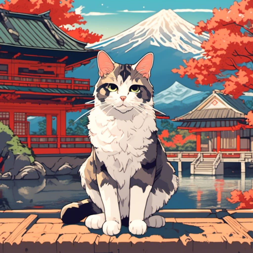 Cat in Front of Zen Temple, Ukiyo-e Style