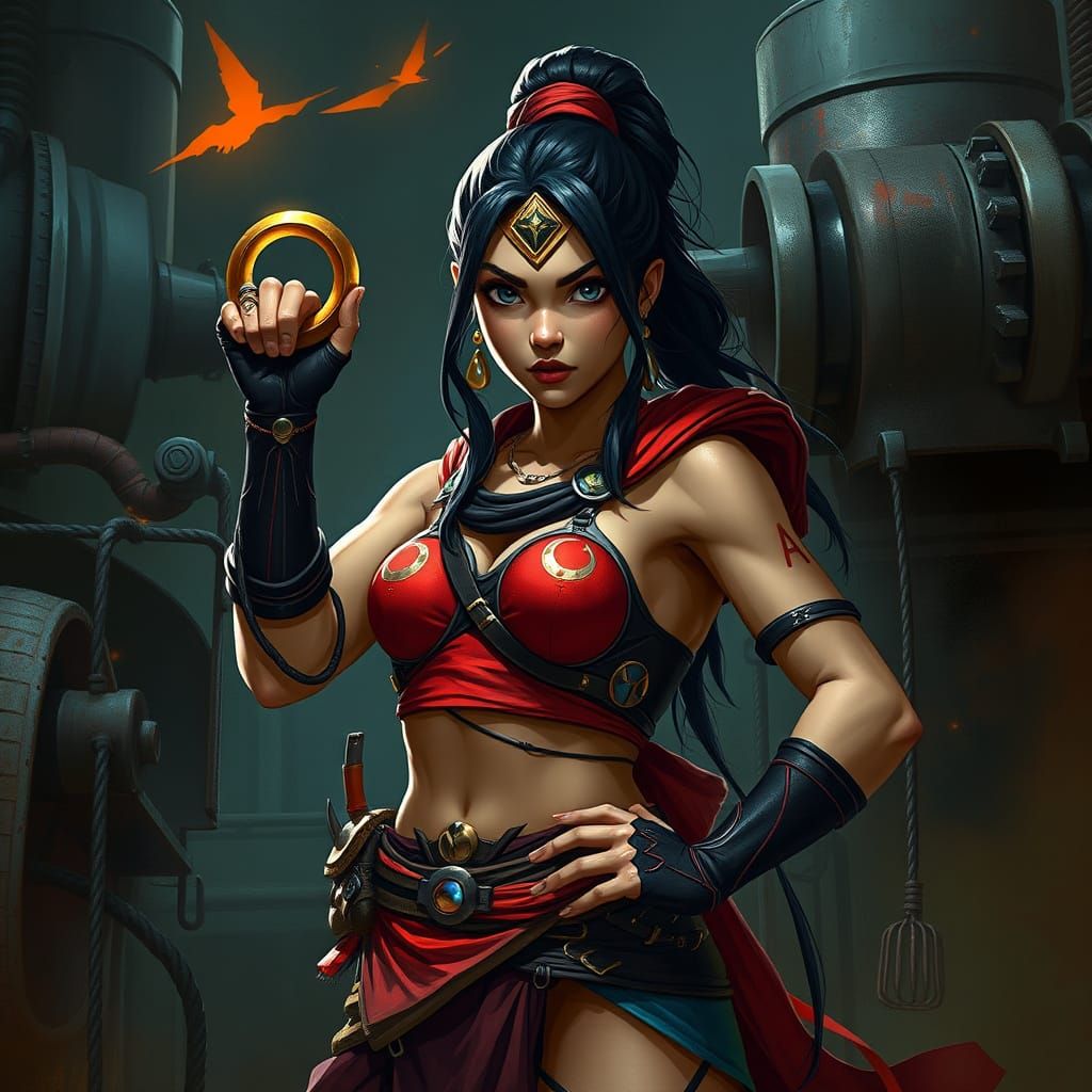 Confident Female Robot Bruiser Amidst Industrial Machinery