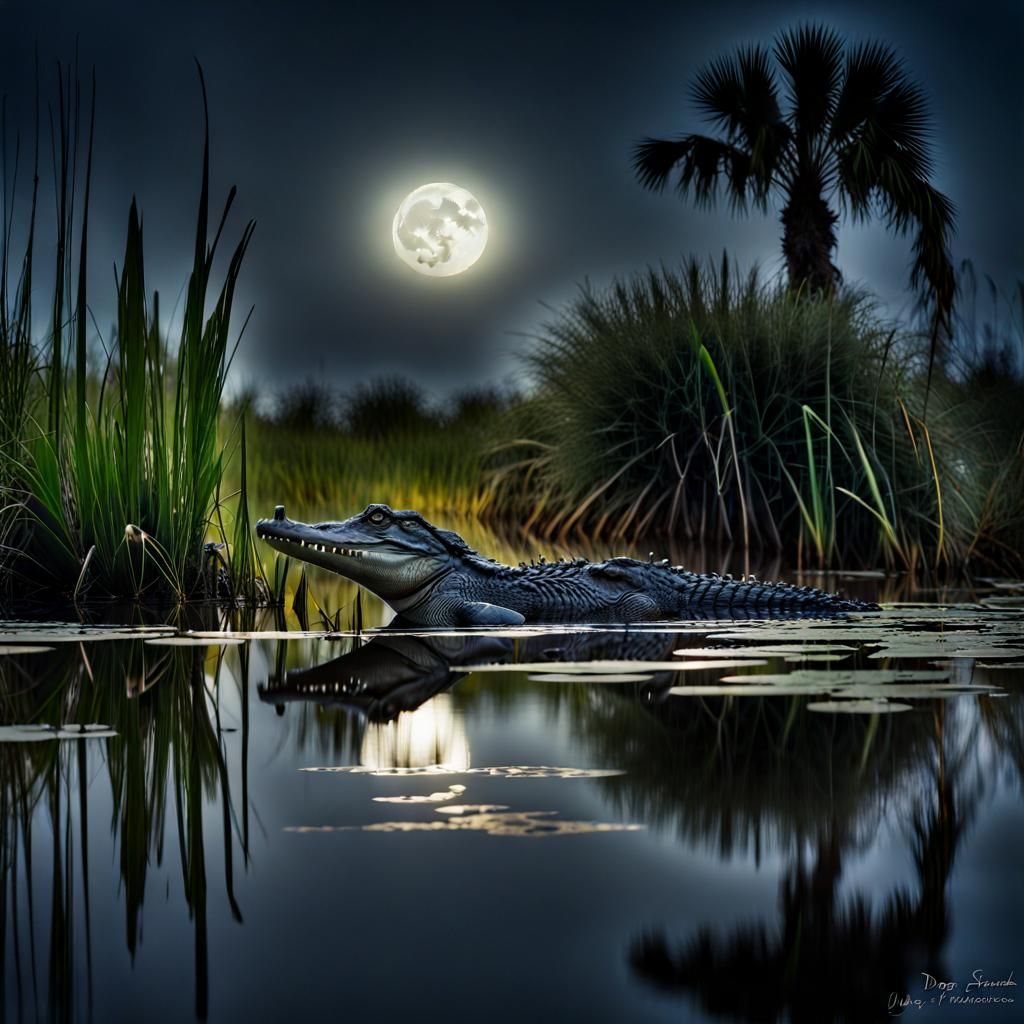 Alligator in Florida Everglades Under Full Moon