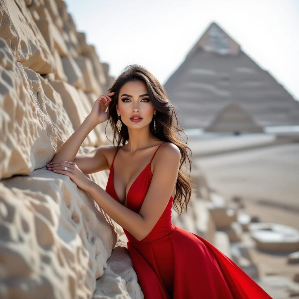 Woman in Red Dress near Cheops Pyramid