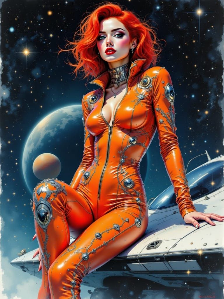 Spacewoman on Spaceship Edge with Red Hair