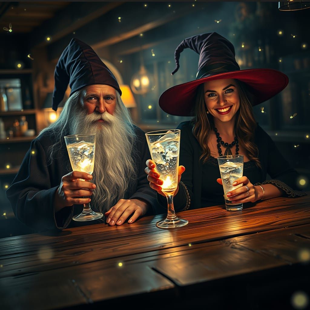 Wizard and Witch Enjoying Luminous Cocktails in Magical Cafe