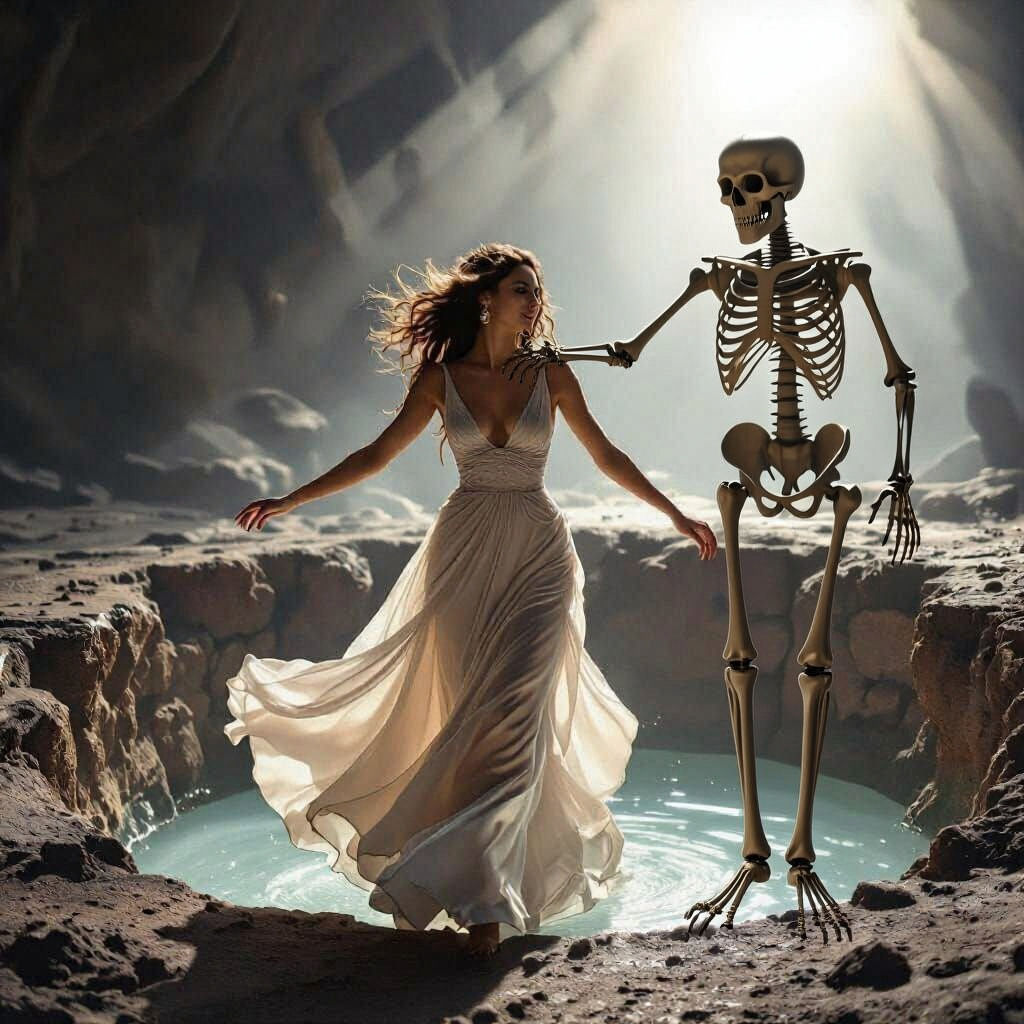 Woman Dancing Towards Death in Dramatic Chiaroscuro