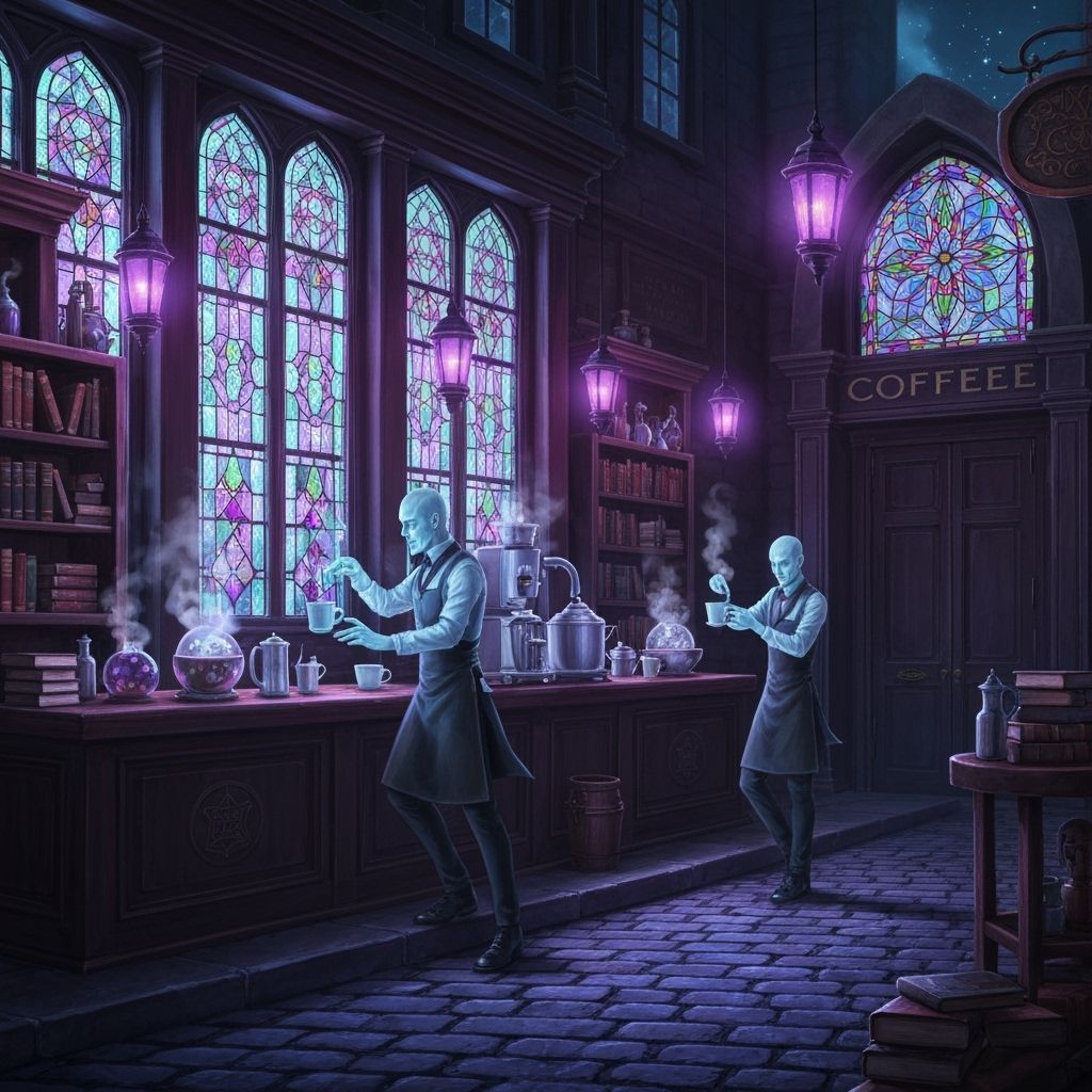 Gothic Coffeehouse with Ghostly Baristas and Spellbooks