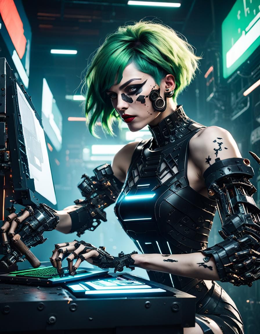 Cyberpunk Woman Destroys Robot Computer with Hammer