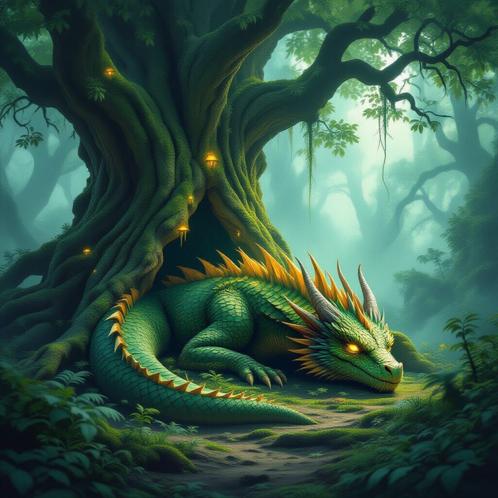 Ancient Dragon Slumbers in Foggy Forest with Glowing Fungi