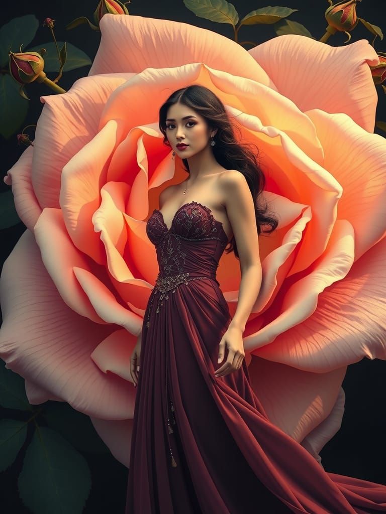 Elegant Woman Emerges from Rose in Art Nouveau Style