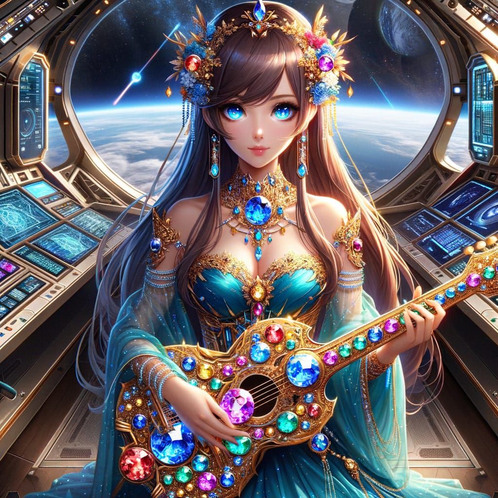 Anime Woman in Starship Bridge with Celestial Guitar