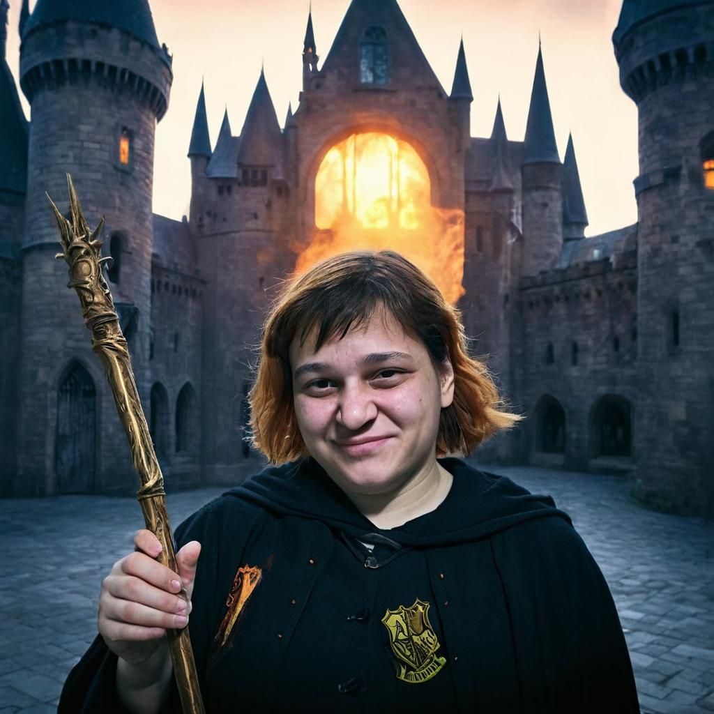 Young Witch at Hogwarts with Magic Wand