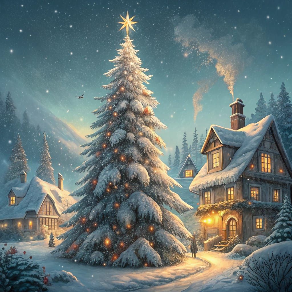 Giant Snowy Christmas Tree Over Enchanting Village