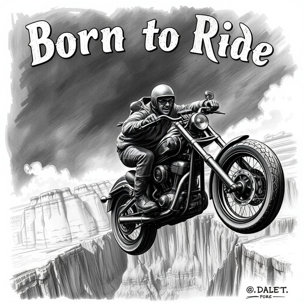 Biker's Canyon Jump: Charcoal Drawing in Graphic Style