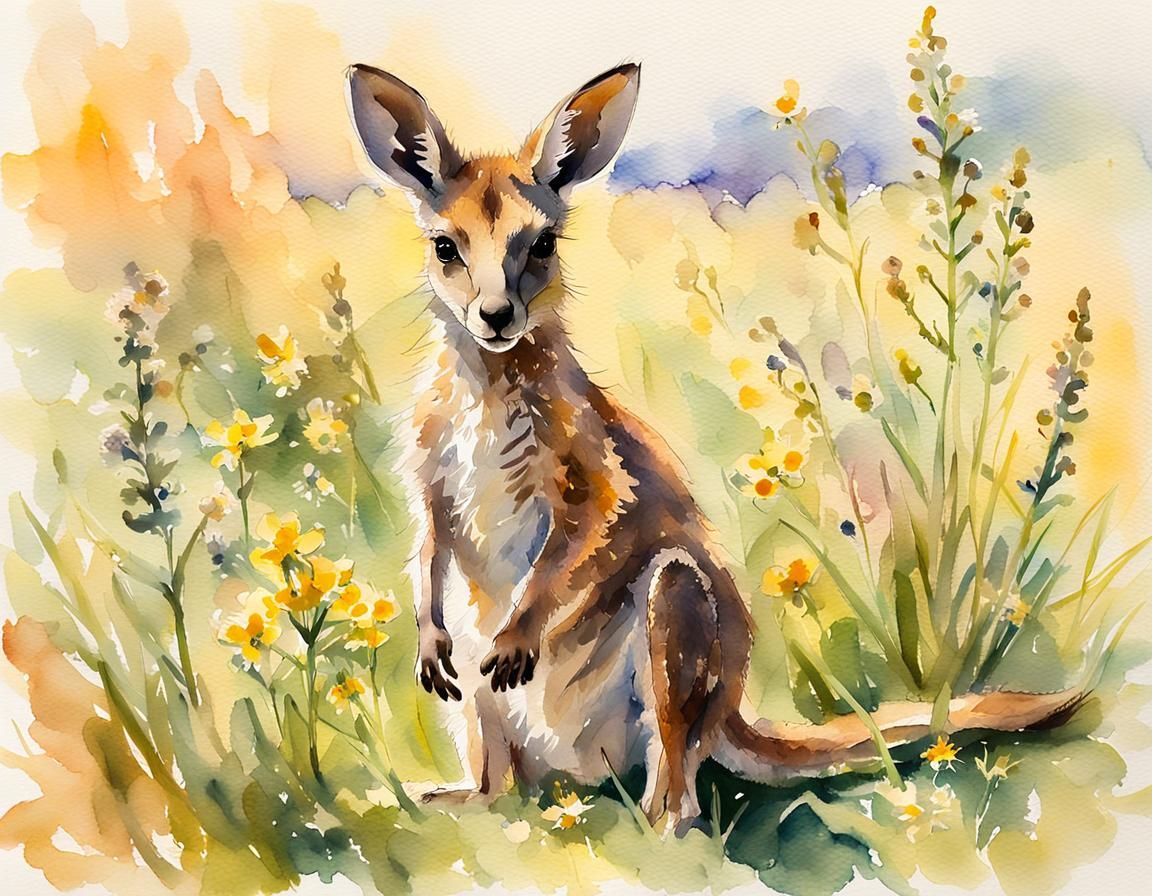 Impressionist Kangaroo in Meadow Watercolor Painting