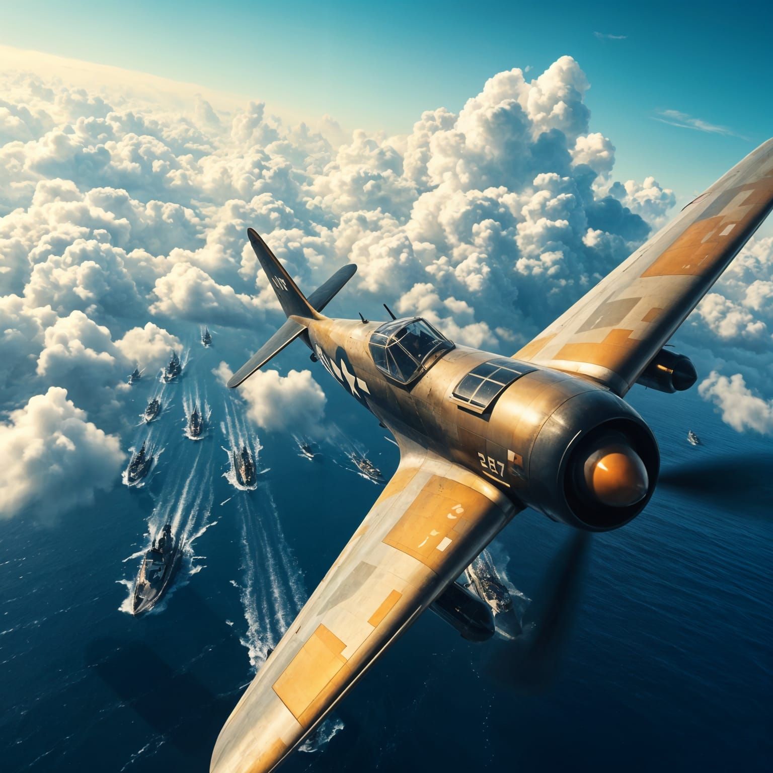 WWII Bomber Soars Over Naval Fleets in Hyperrealistic Mid Sh...