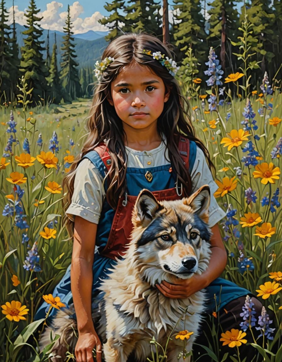 Fluffy Wolf Pup and Girl in Oil Painting