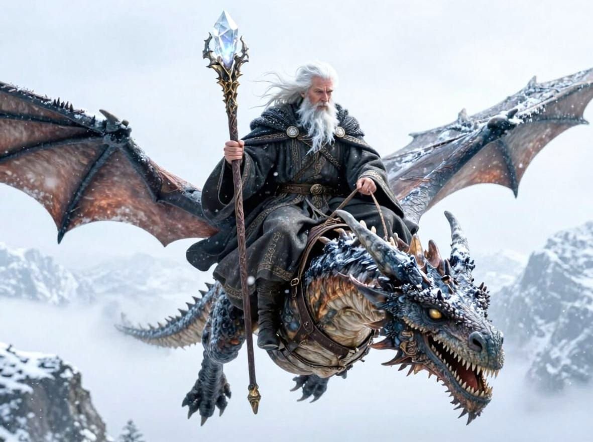 Old Mage on Dragon in Snowy Mountains
