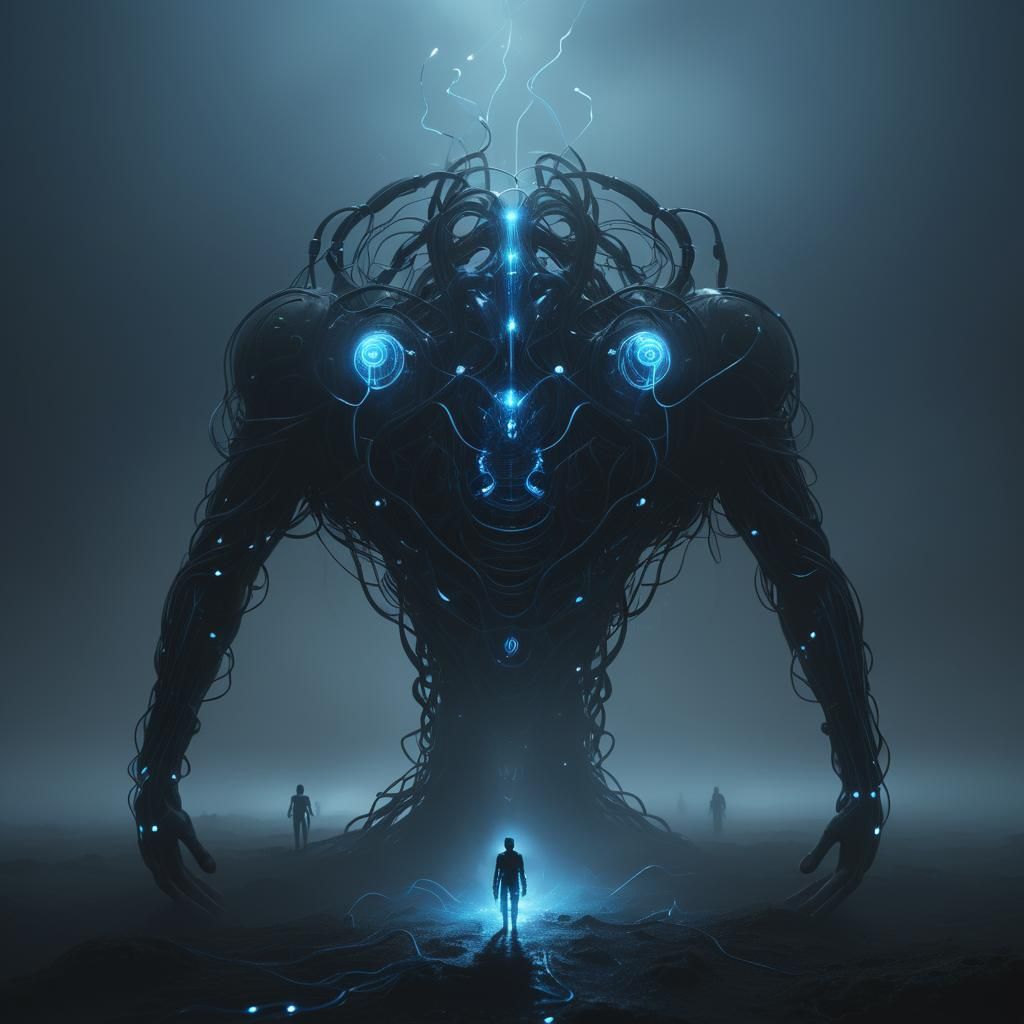 Bioluminescent Surrealist Art: Interconnected Glowing Figure...