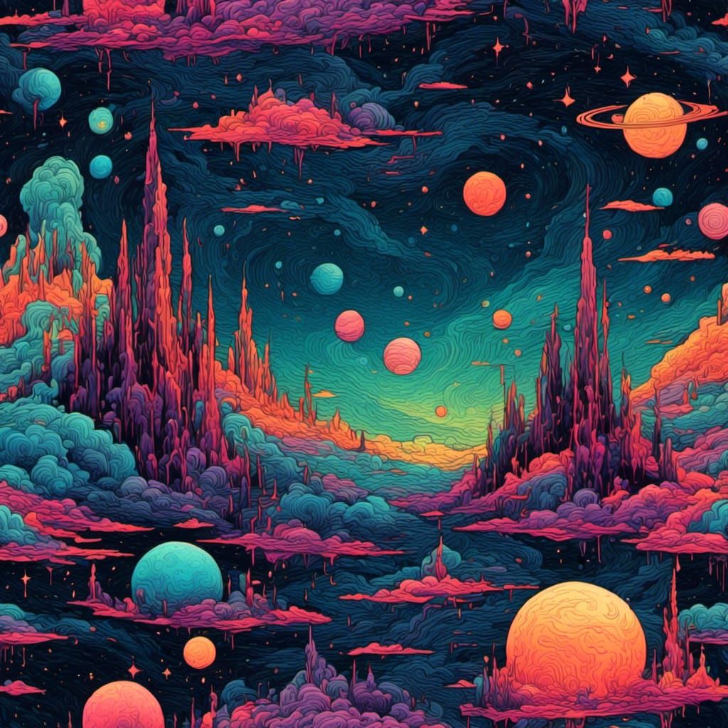 Psychedelic Nebula with Bright Neon Moons