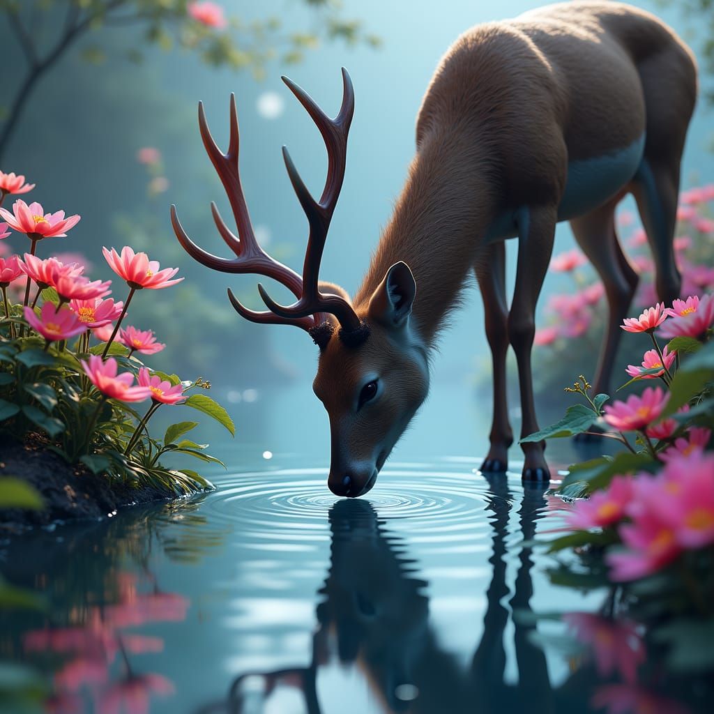 A deer drinking from a waterbrook, with beautiful scenery an...