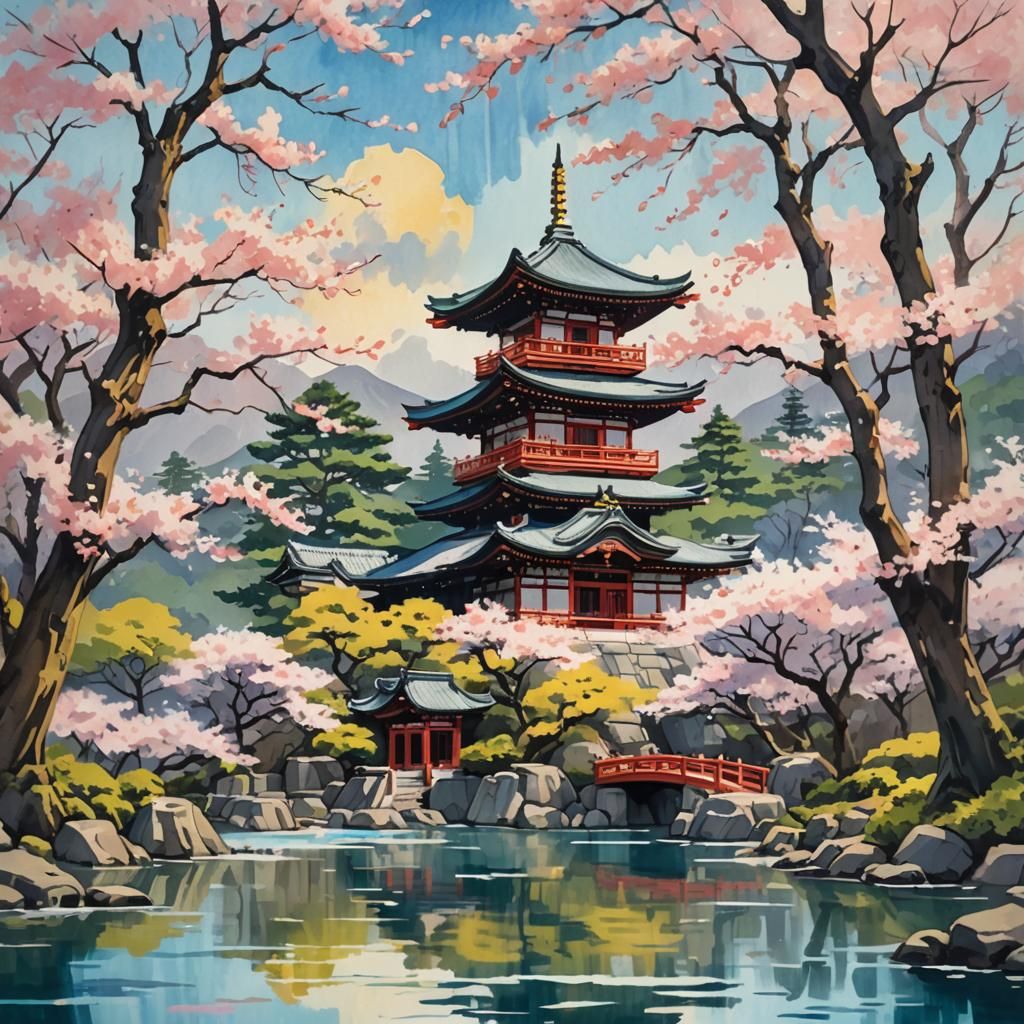 Ukiyo-e Temple in Impressionist Style